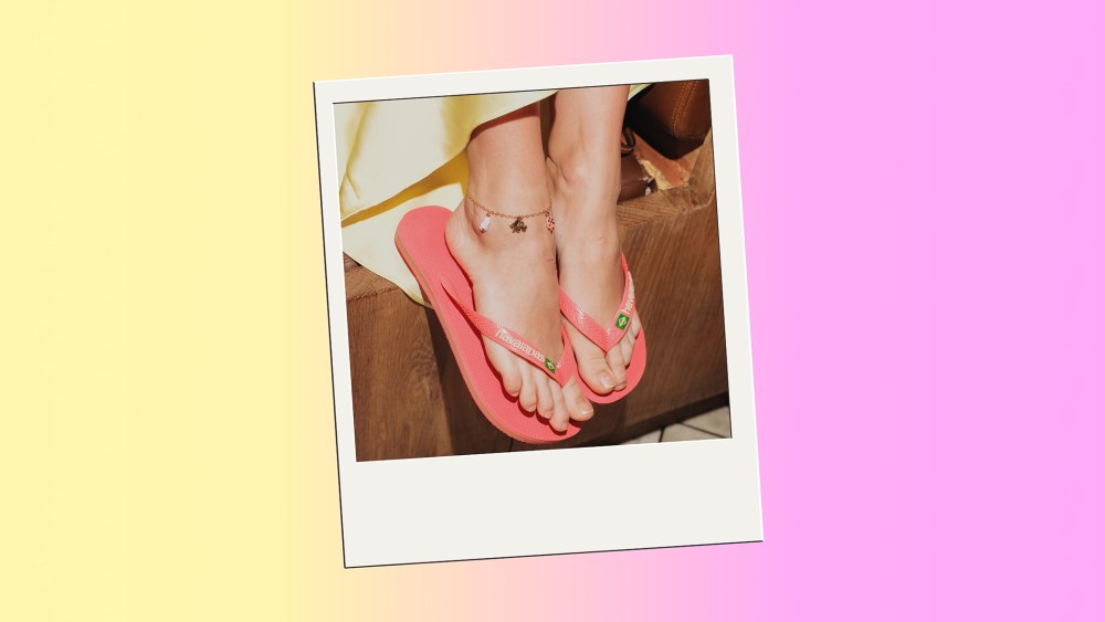 anklet trend summer 2025 shown on model with ankle bracelet and Havaianas flip flops in Polaroid photo at Gigi Hadid event